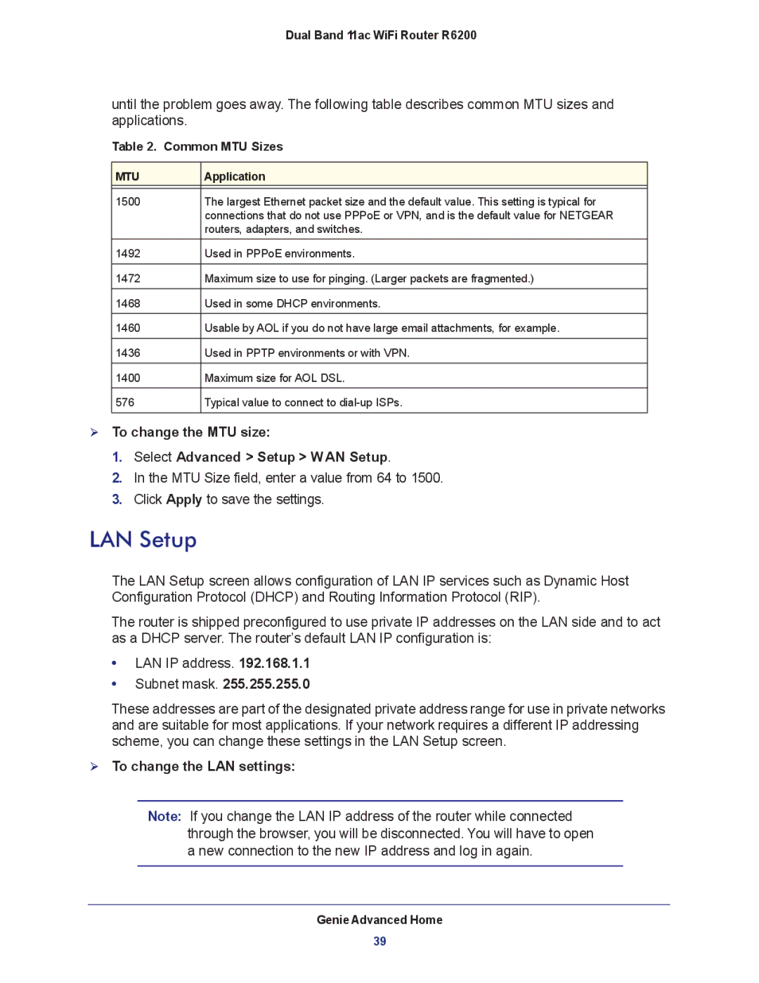 NETGEAR R6200-100NAS LAN Setup,  To change the MTU size Select Advanced Setup WAN Setup,  To change the LAN settings 