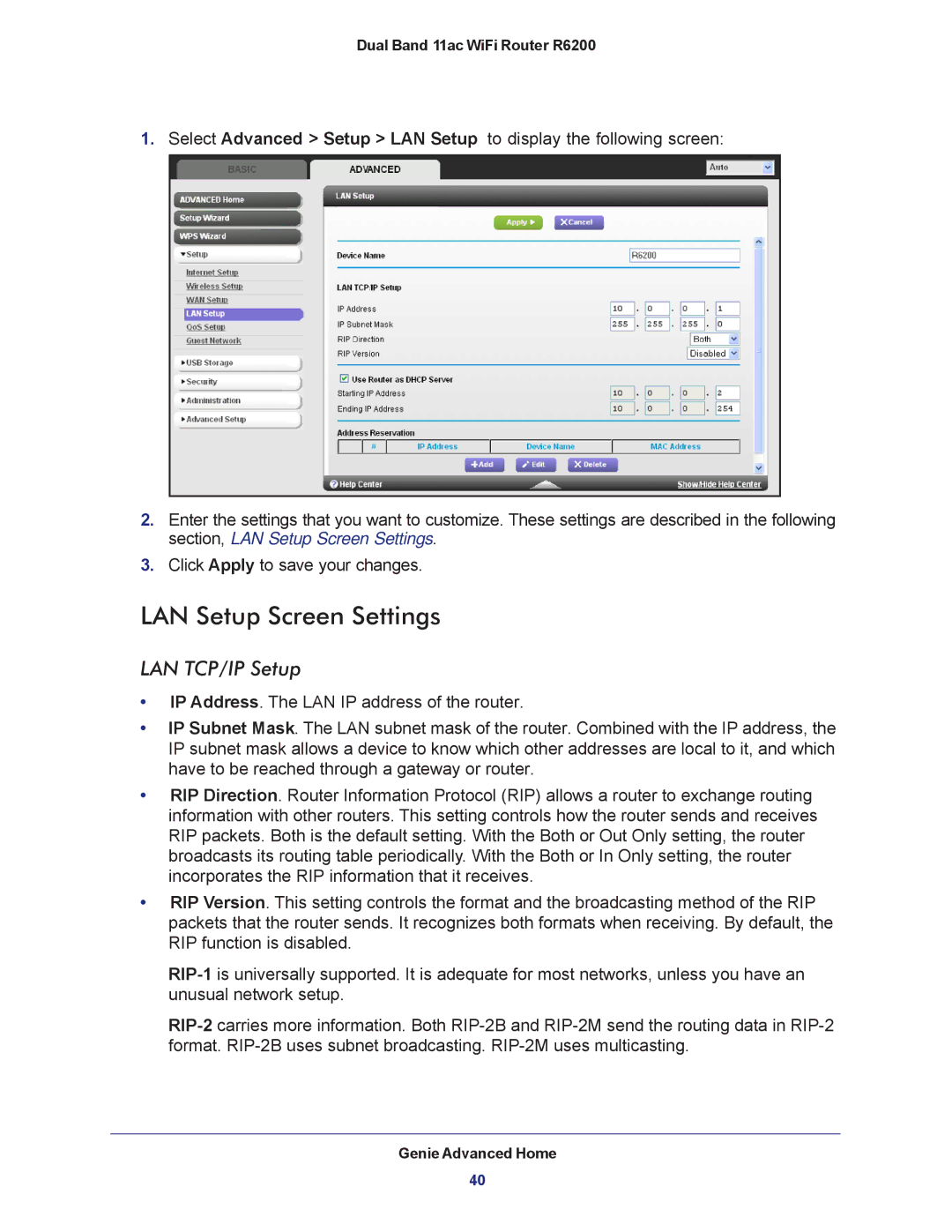 NETGEAR R6200-100NAS user manual LAN Setup Screen Settings, LAN TCP/IP Setup 