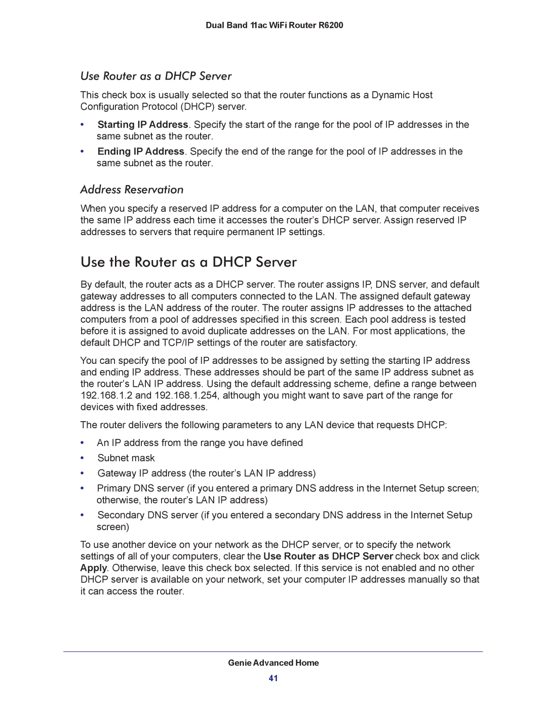 NETGEAR R6200-100NAS user manual Use the Router as a Dhcp Server, Use Router as a Dhcp Server, Address Reservation 