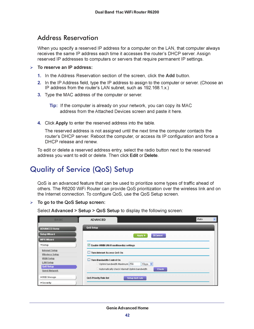 NETGEAR R6200-100NAS user manual Quality of Service QoS Setup, Address Reservation,  To reserve an IP address 