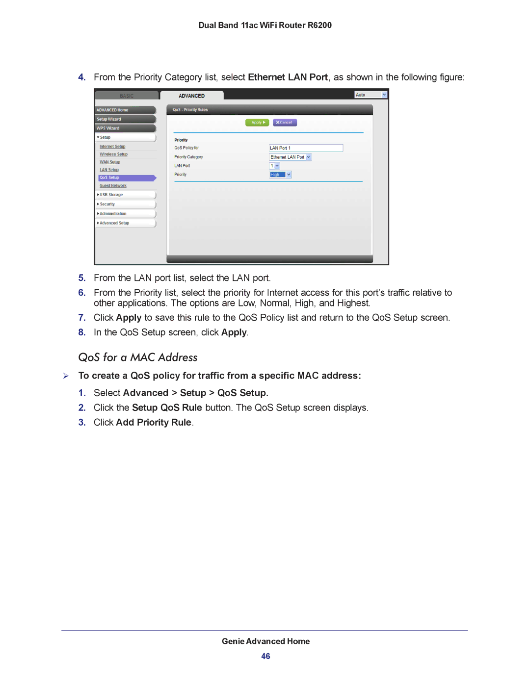 NETGEAR R6200-100NAS user manual QoS for a MAC Address, Click Add Priority Rule 