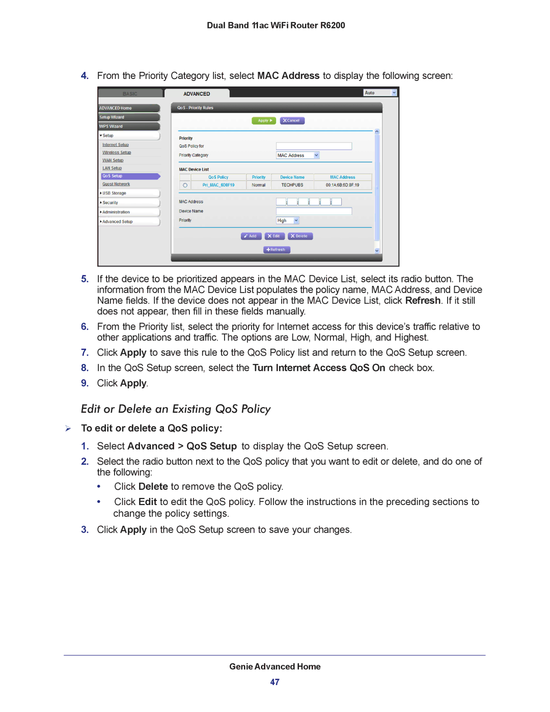 NETGEAR R6200-100NAS user manual Edit or Delete an Existing QoS Policy,  To edit or delete a QoS policy 