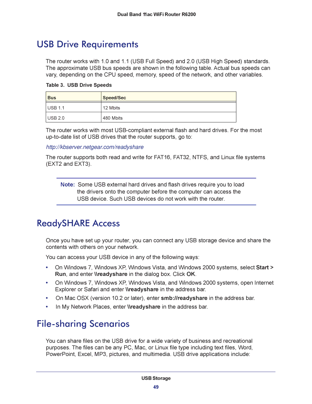 NETGEAR R6200-100NAS user manual USB Drive Requirements, ReadySHARE Access, File-sharing Scenarios 