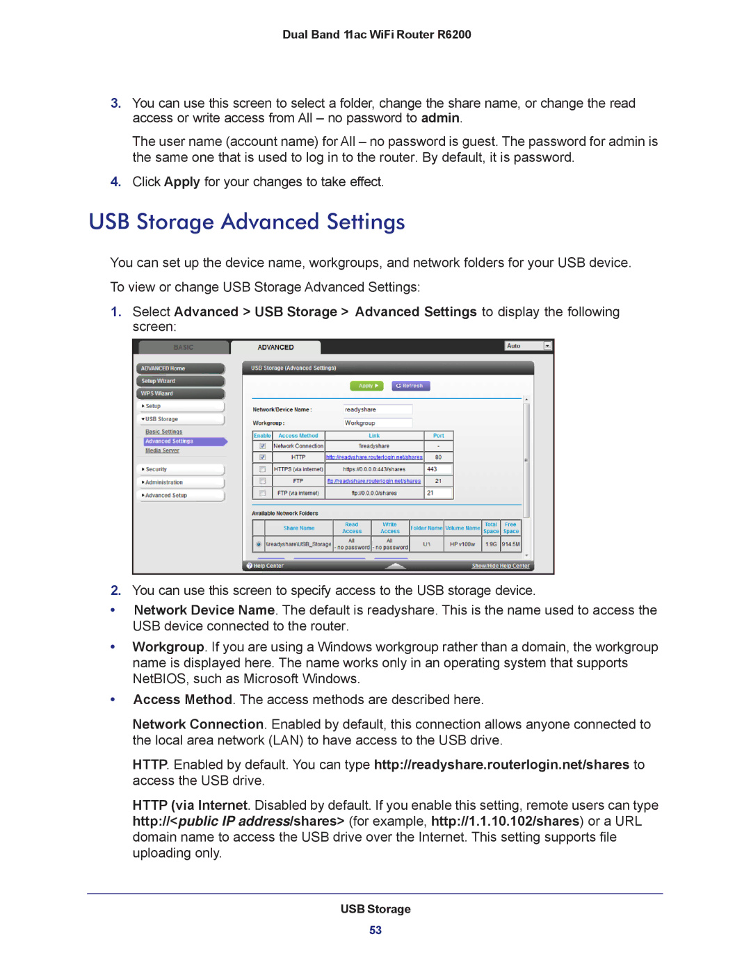 NETGEAR R6200-100NAS user manual USB Storage Advanced Settings 