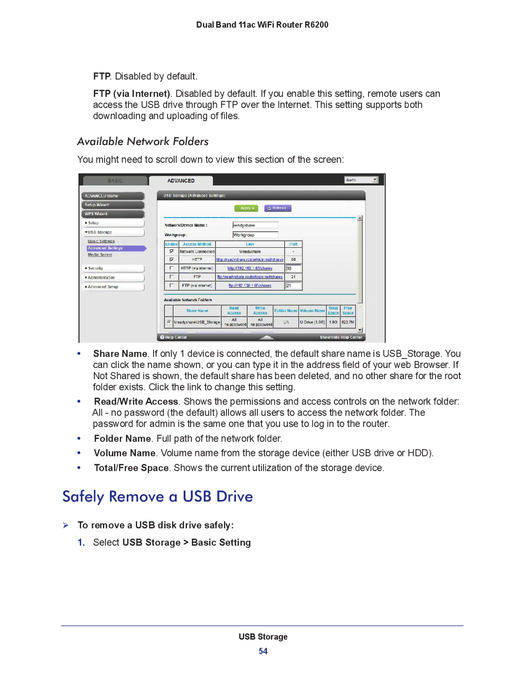 NETGEAR R6200-100NAS user manual Safely Remove a USB Drive, Available Network Folders 