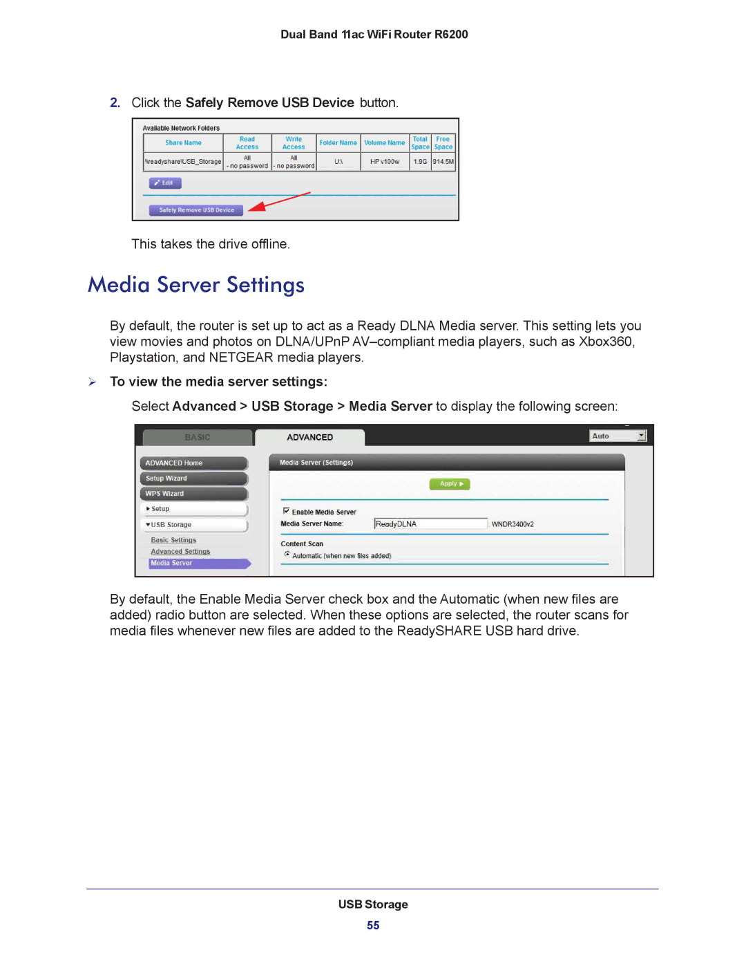 NETGEAR R6200-100NAS Media Server Settings, Click the Safely Remove USB Device button,  To view the media server settings 