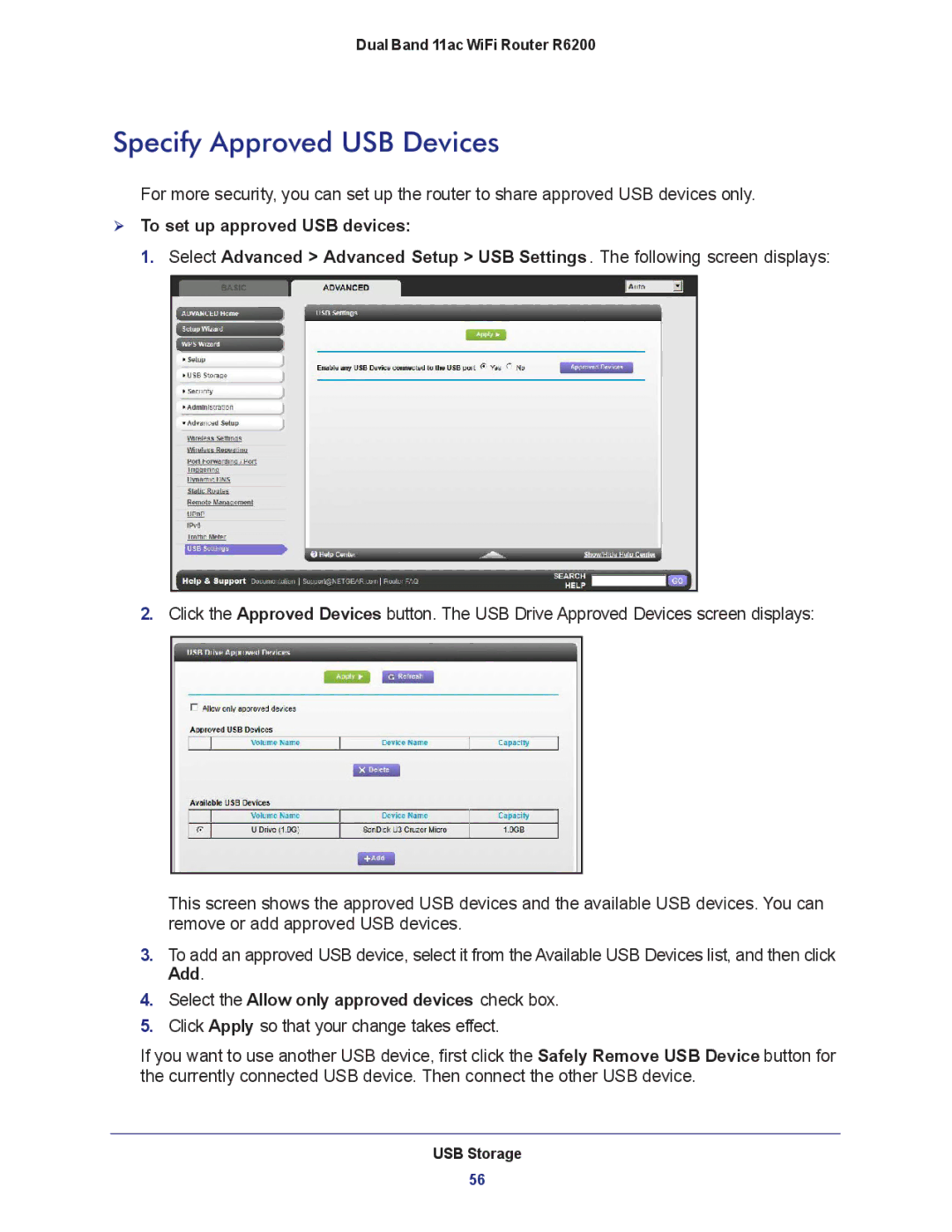 NETGEAR R6200-100NAS user manual Specify Approved USB Devices, Add Select the Allow only approved devices check box 