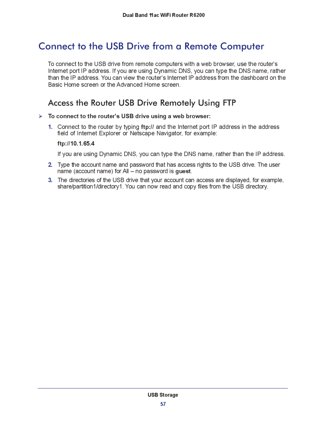 NETGEAR R6200-100NAS Connect to the USB Drive from a Remote Computer, Access the Router USB Drive Remotely Using FTP 