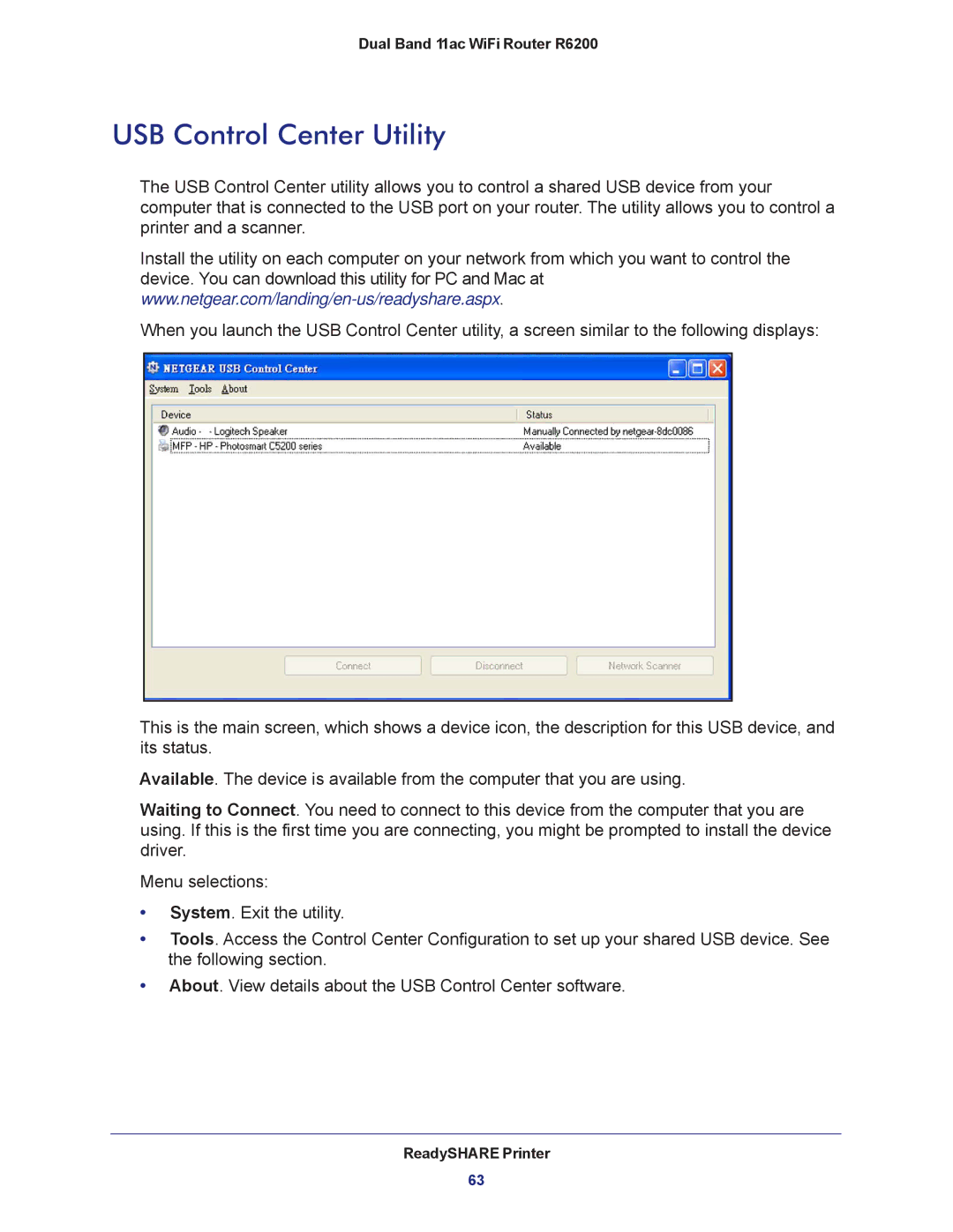 NETGEAR R6200-100NAS user manual USB Control Center Utility 