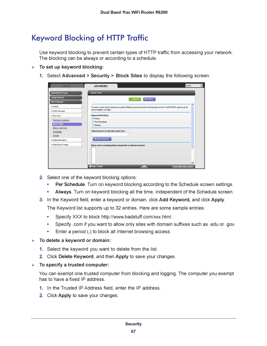 NETGEAR R6200-100NAS Keyword Blocking of Http Traffic,  To set up keyword blocking,  To delete a keyword or domain 