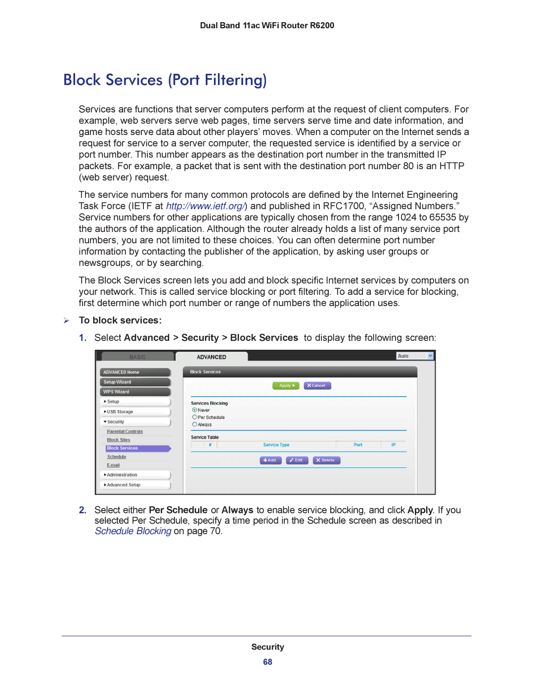 NETGEAR R6200-100NAS user manual Block Services Port Filtering,  To block services 