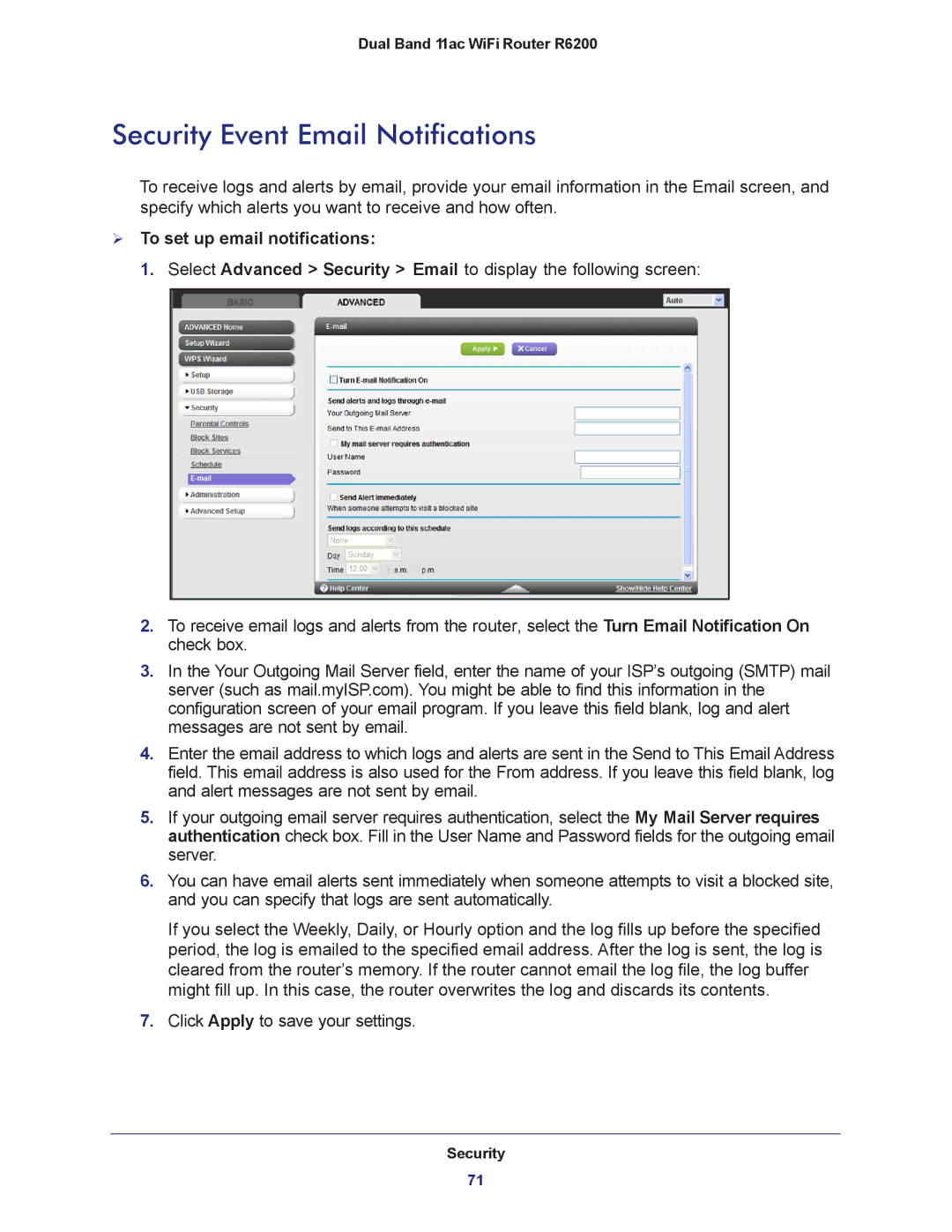 NETGEAR R6200-100NAS user manual Security Event Email Notifications,  To set up email notifications 