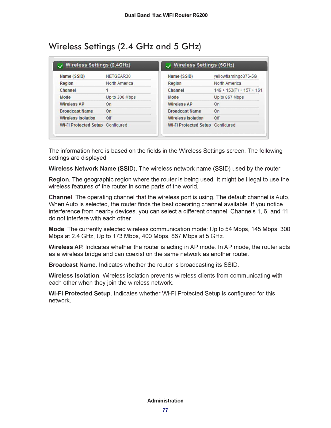 NETGEAR R6200-100NAS user manual Wireless Settings 2.4 GHz and 5 GHz 