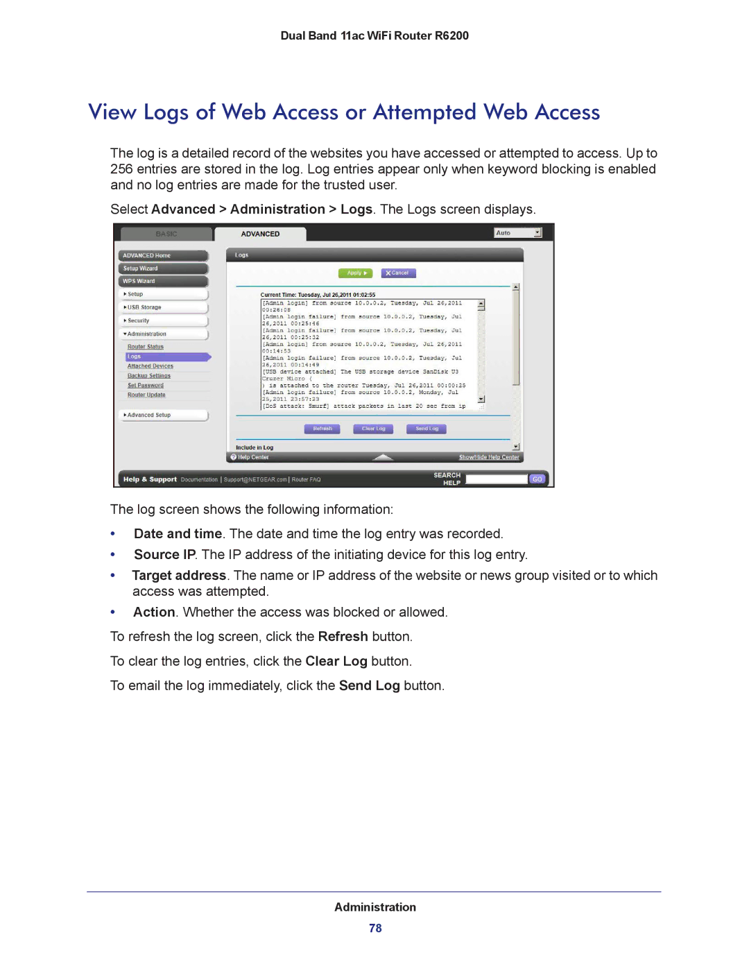 NETGEAR R6200-100NAS user manual View Logs of Web Access or Attempted Web Access 