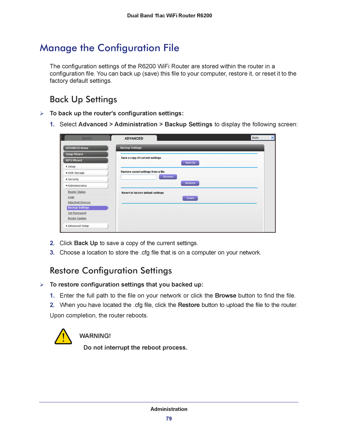 NETGEAR R6200-100NAS user manual Manage the Configuration File, Back Up Settings, Restore Configuration Settings 