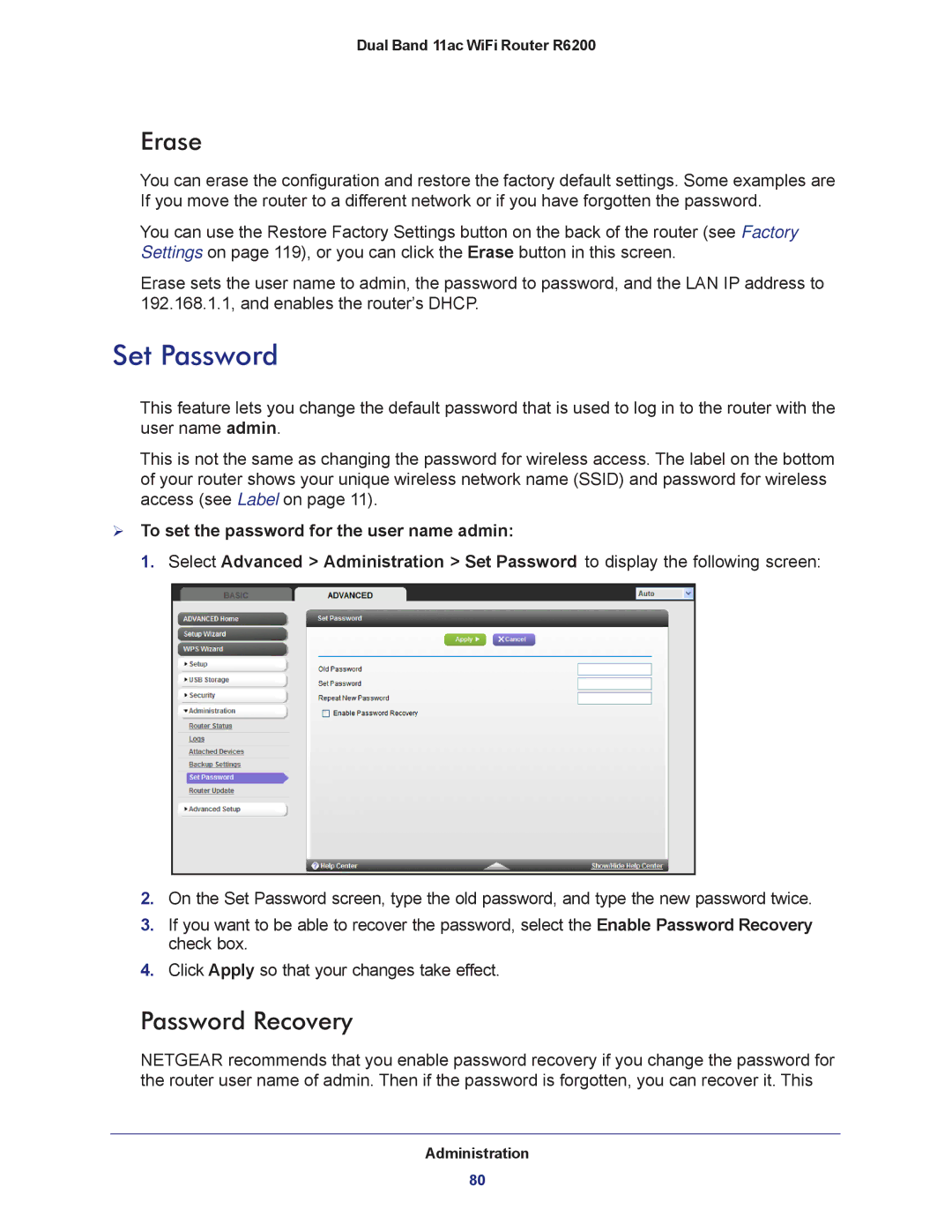 NETGEAR R6200-100NAS user manual Set Password, Erase, Password Recovery 