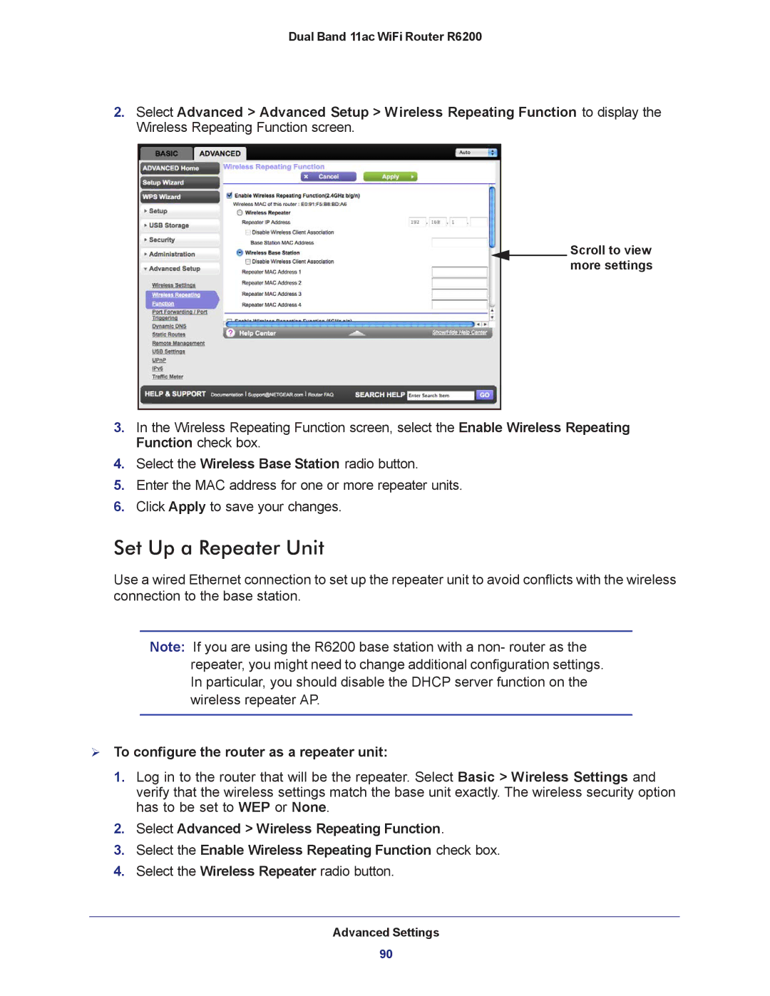 NETGEAR R6200-100NAS user manual Set Up a Repeater Unit,  To configure the router as a repeater unit 