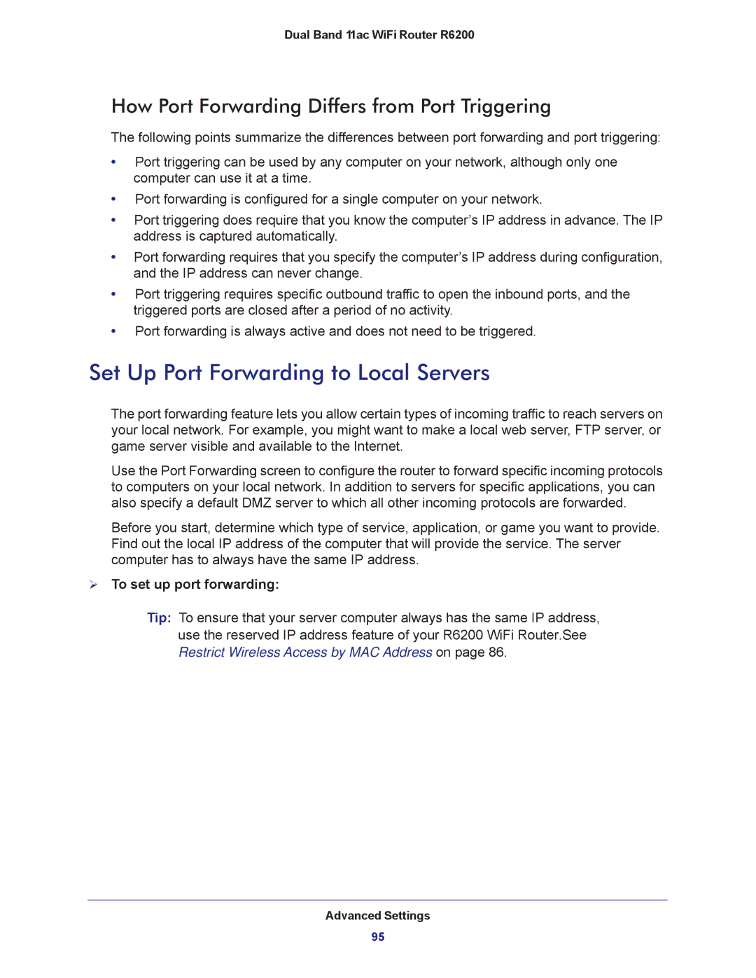 NETGEAR R6200-100NAS user manual Set Up Port Forwarding to Local Servers, How Port Forwarding Differs from Port Triggering 