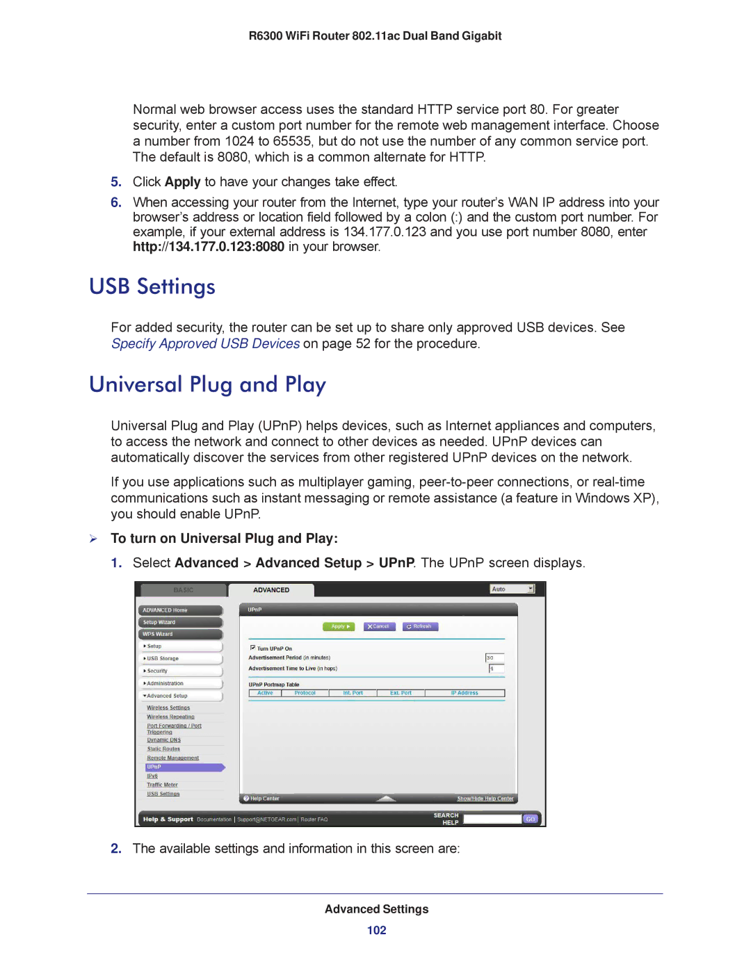 NETGEAR R6300-100NAS user manual USB Settings,  To turn on Universal Plug and Play 