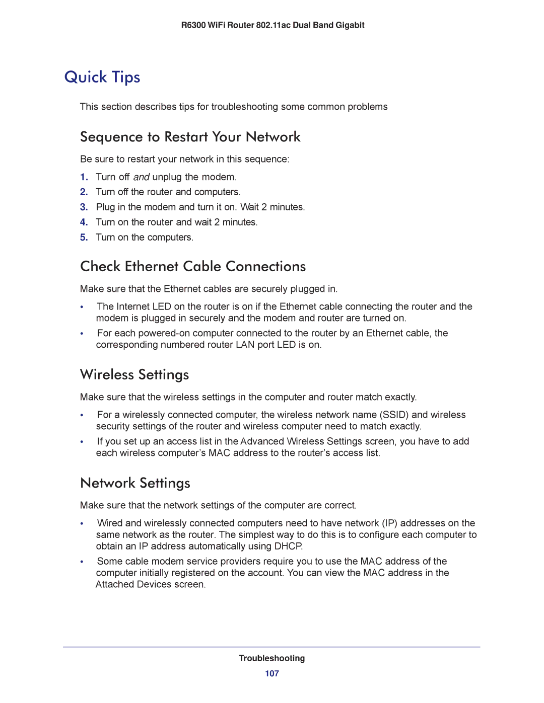 NETGEAR R6300-100NAS Quick Tips, Sequence to Restart Your Network, Check Ethernet Cable Connections, Wireless Settings 