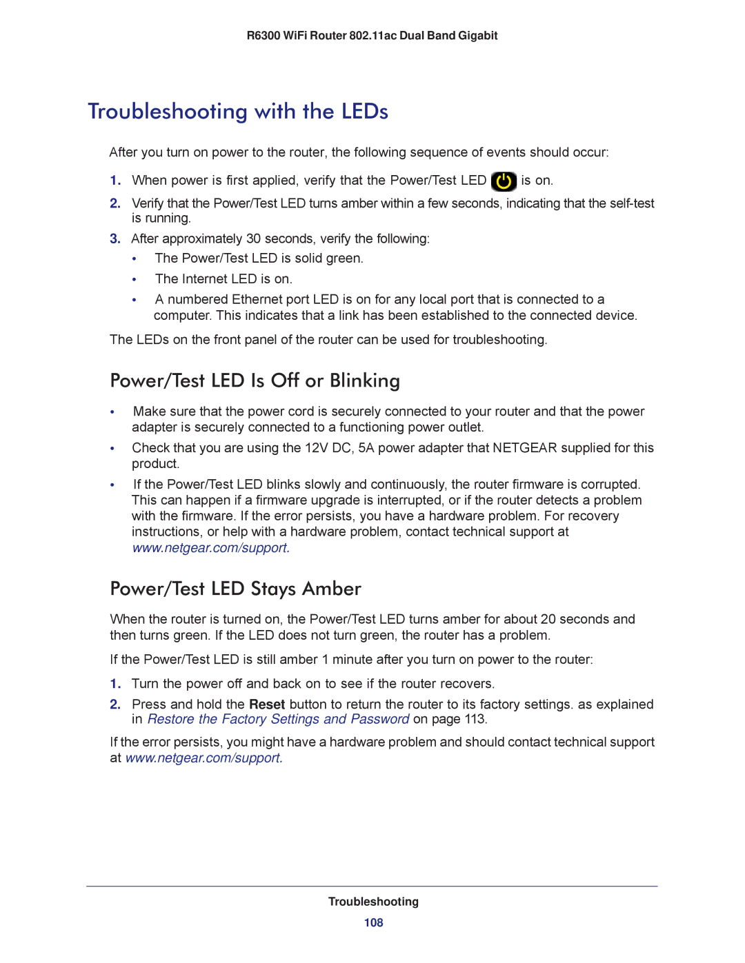 NETGEAR R6300-100NAS Troubleshooting with the LEDs, Power/Test LED Is Off or Blinking, Power/Test LED Stays Amber 