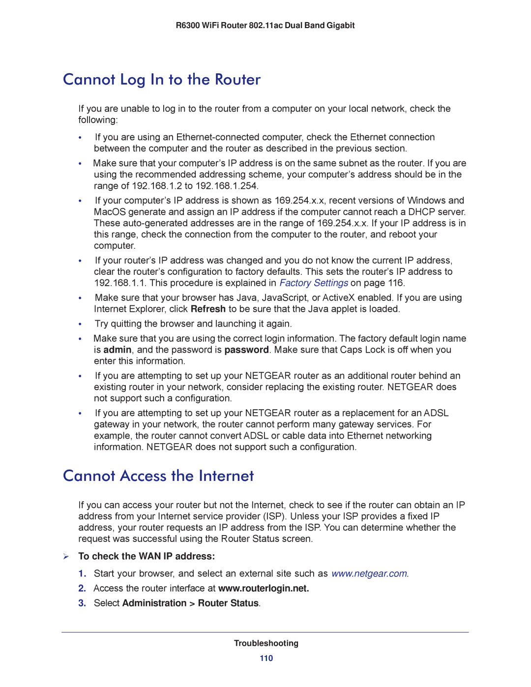 NETGEAR R6300-100NAS user manual Cannot Log In to the Router, Cannot Access the Internet 