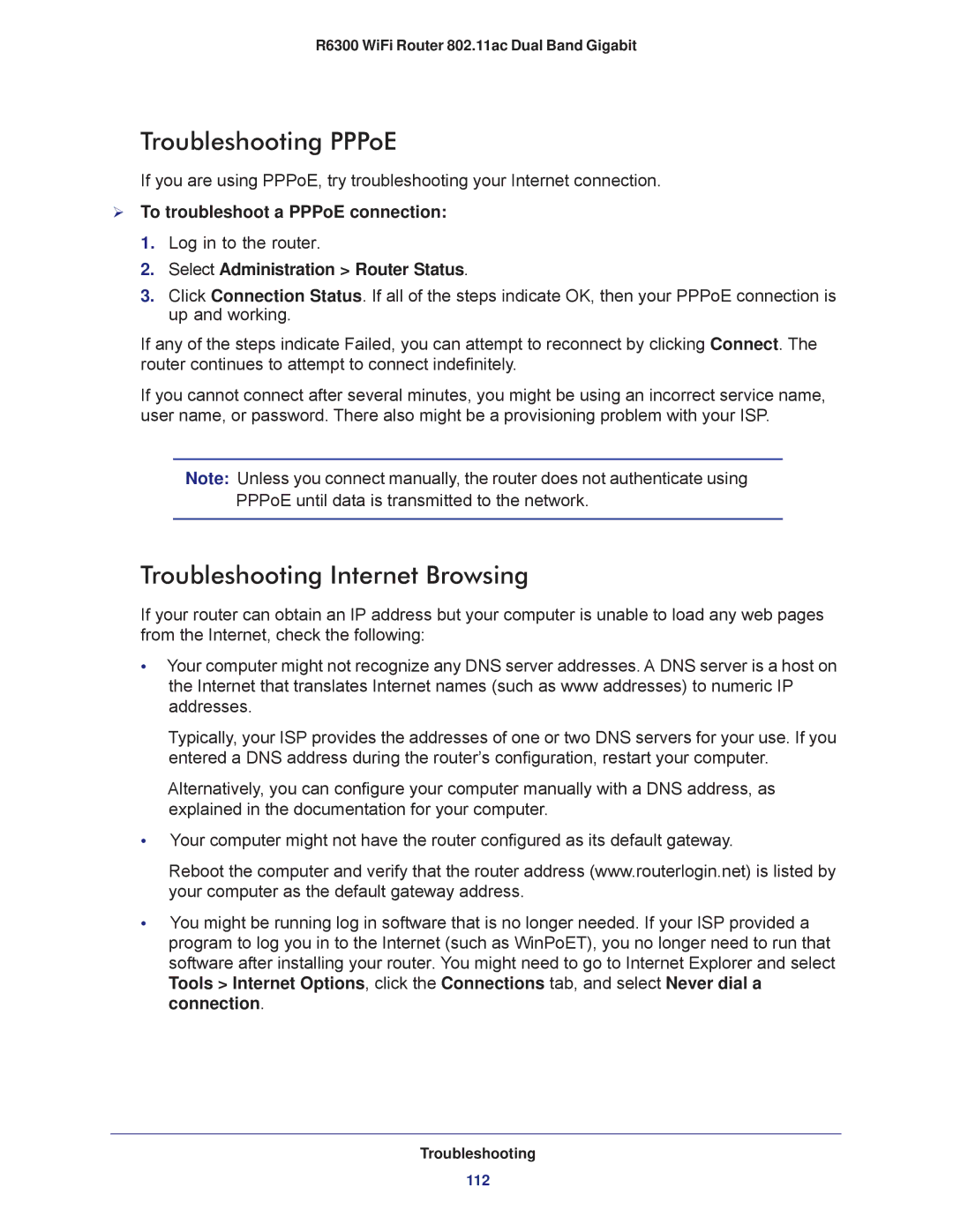 NETGEAR R6300-100NAS Troubleshooting PPPoE, Troubleshooting Internet Browsing,  To troubleshoot a PPPoE connection 