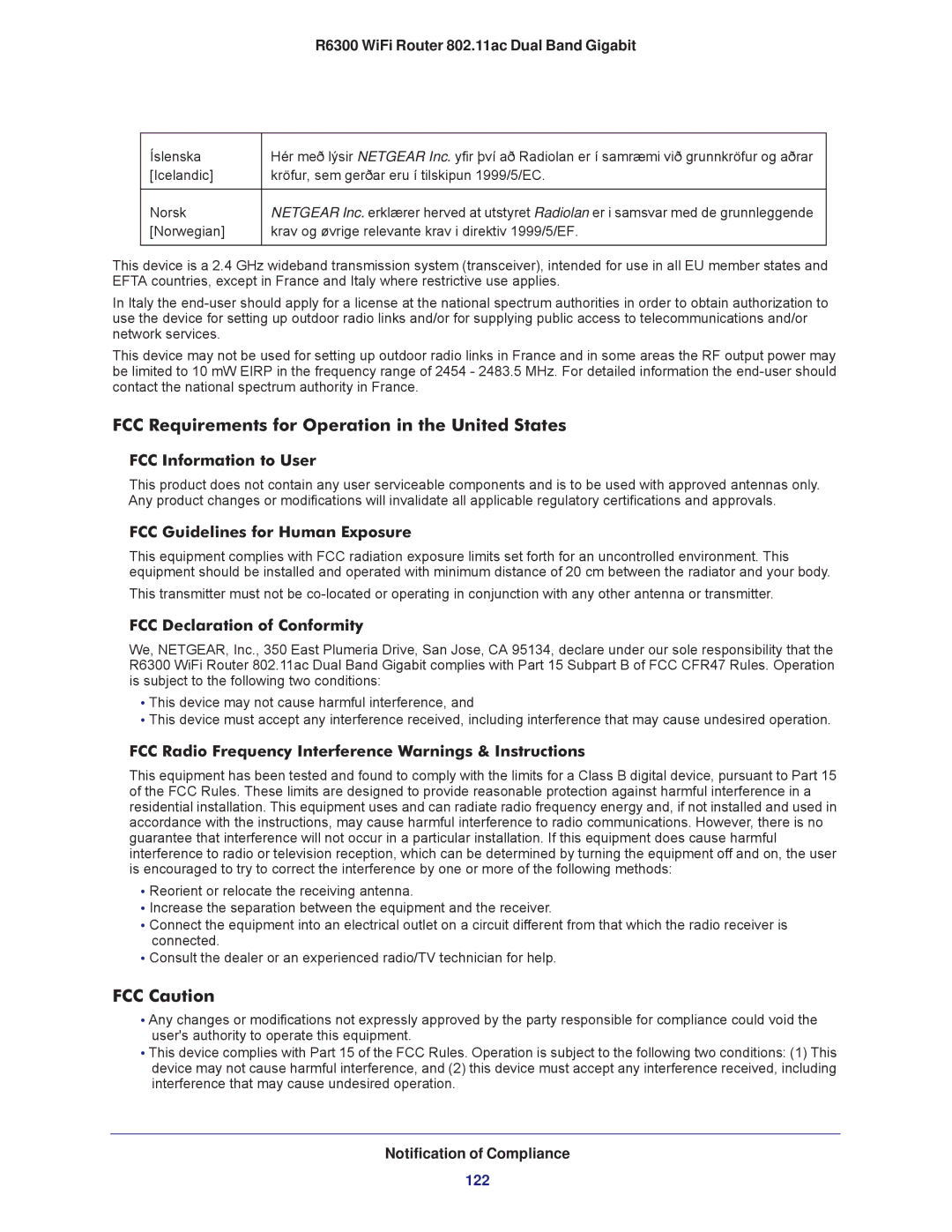 NETGEAR R6300-100NAS user manual FCC Requirements for Operation in the United States, FCC Caution 