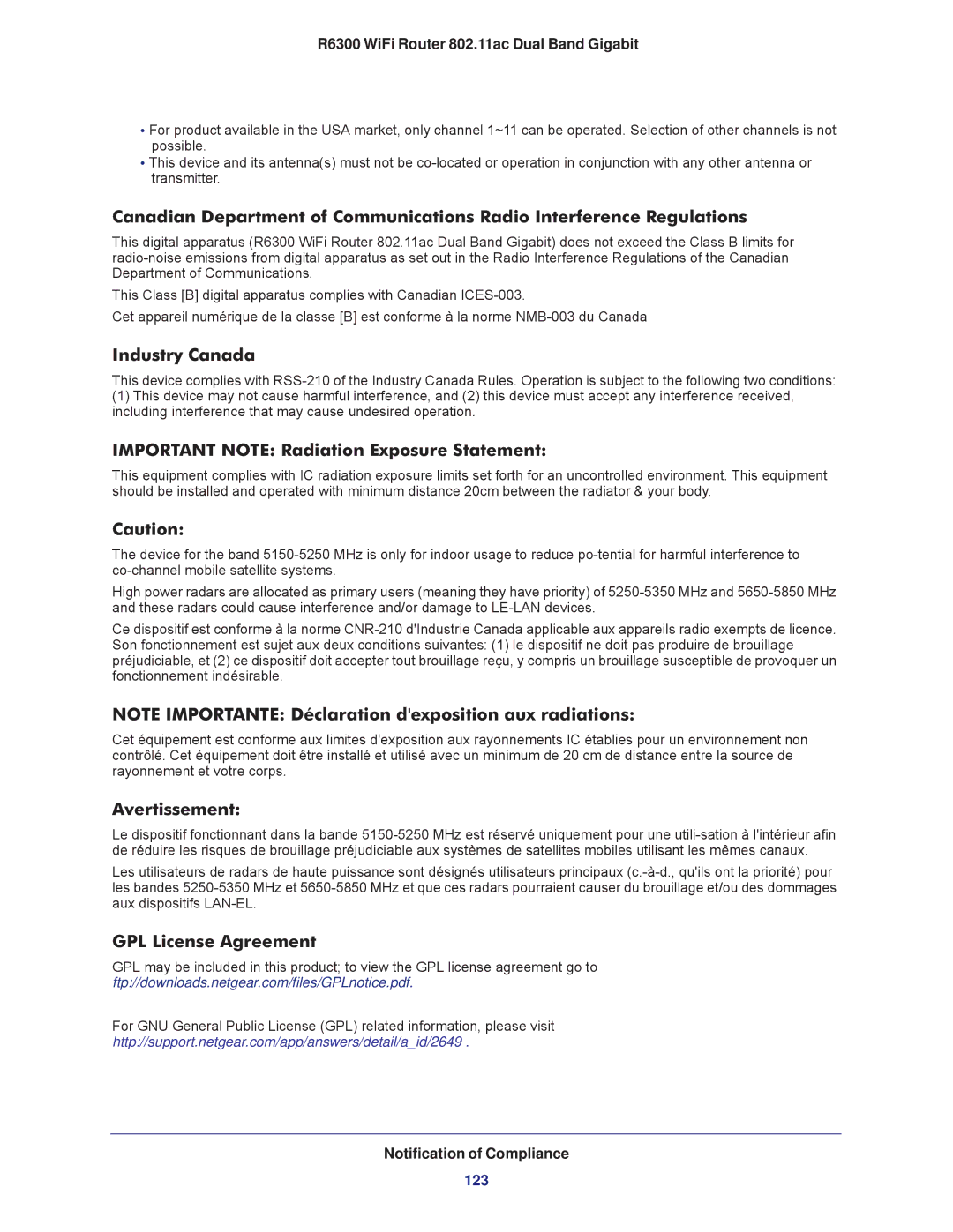 NETGEAR R6300-100NAS Industry Canada, Important Note Radiation Exposure Statement, Avertissement, GPL License Agreement 