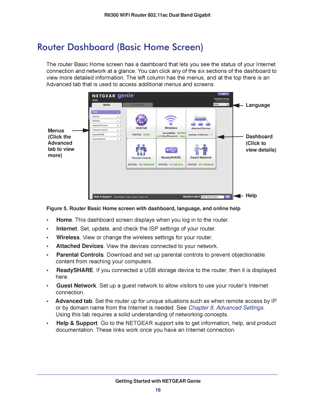 NETGEAR R6300-100NAS user manual Router Dashboard Basic Home Screen 