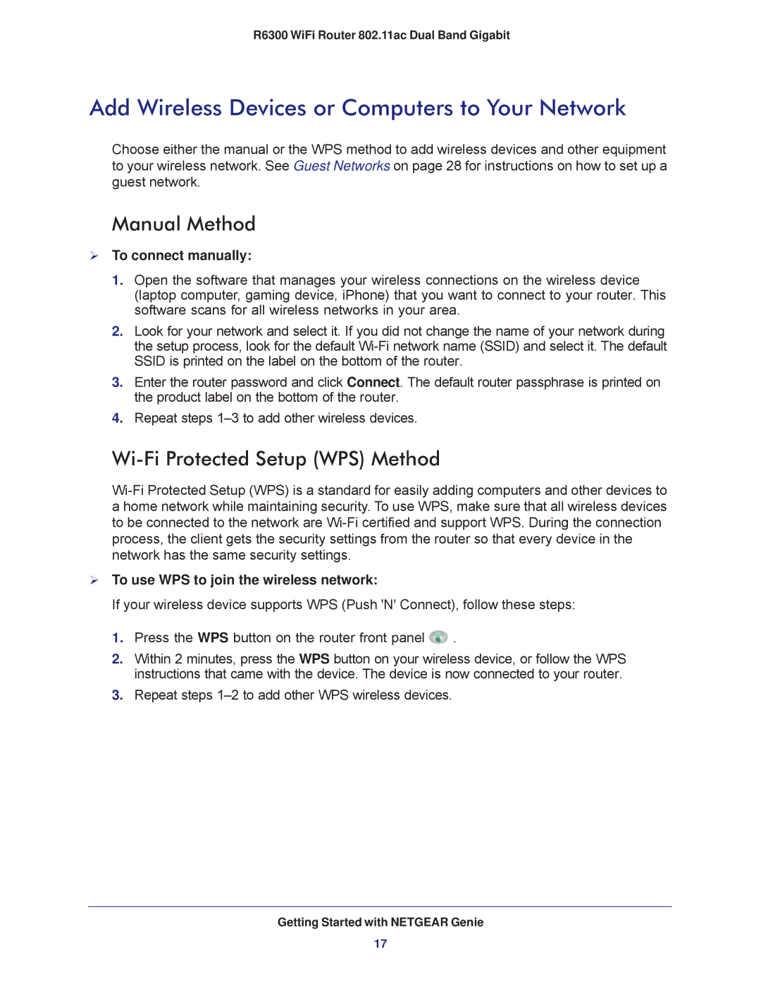 NETGEAR R6300-100NAS Add Wireless Devices or Computers to Your Network, Manual Method, Wi-Fi Protected Setup WPS Method 