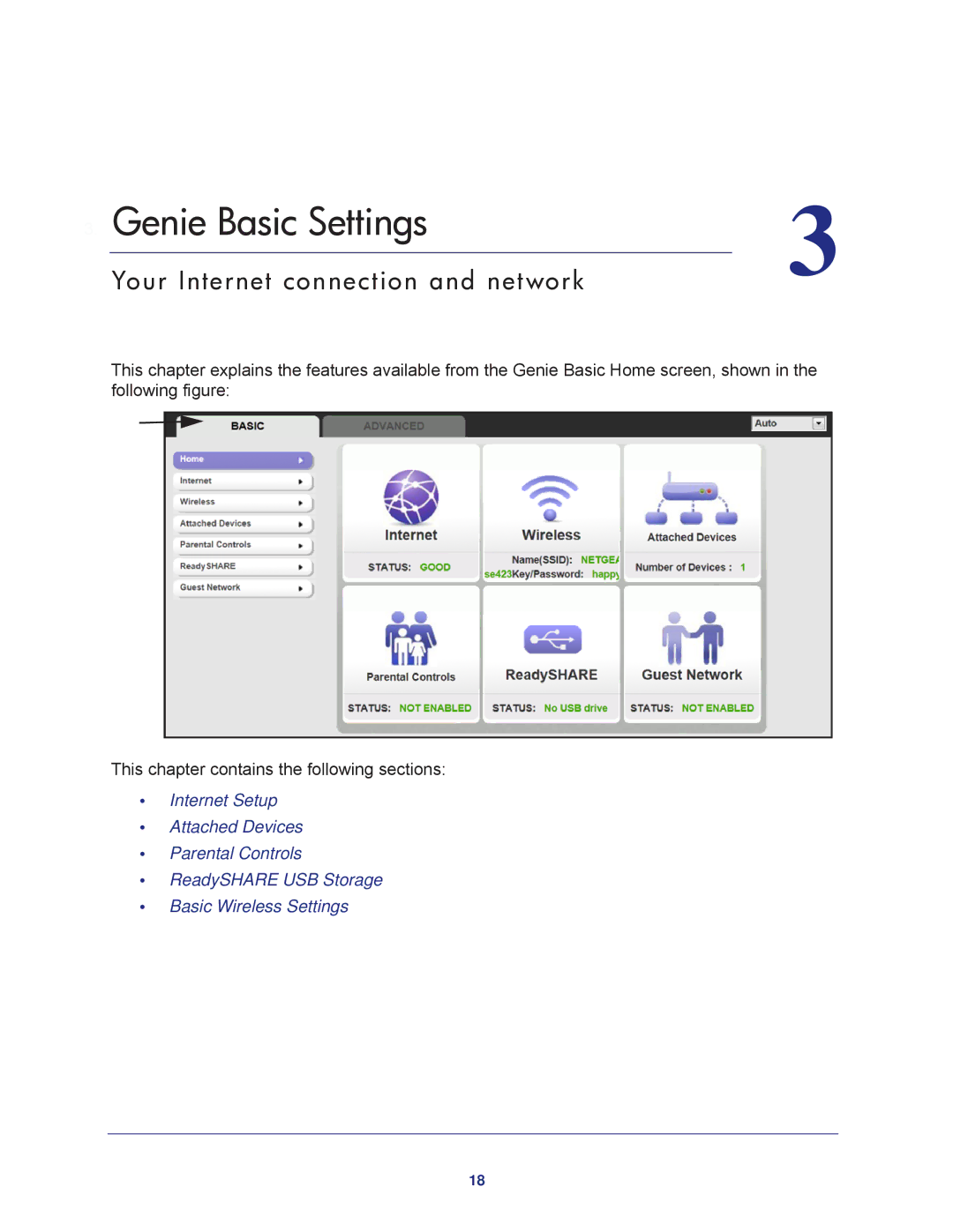 NETGEAR R6300-100NAS user manual Genie Basic Settings, Your Internet connection and network 