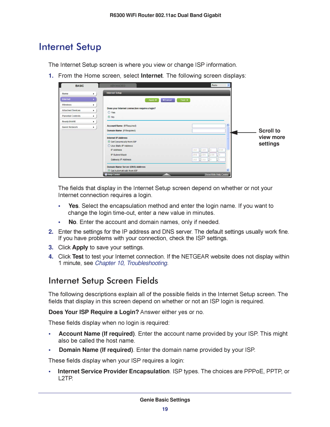 NETGEAR R6300-100NAS user manual Internet Setup Screen Fields, Does Your ISP Require a Login? Answer either yes or no 