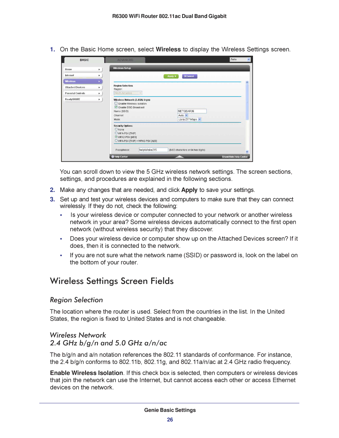 NETGEAR R6300-100NAS Wireless Settings Screen Fields, Region Selection, Wireless Network GHz b/g/n and 5.0 GHz a/n/ac 