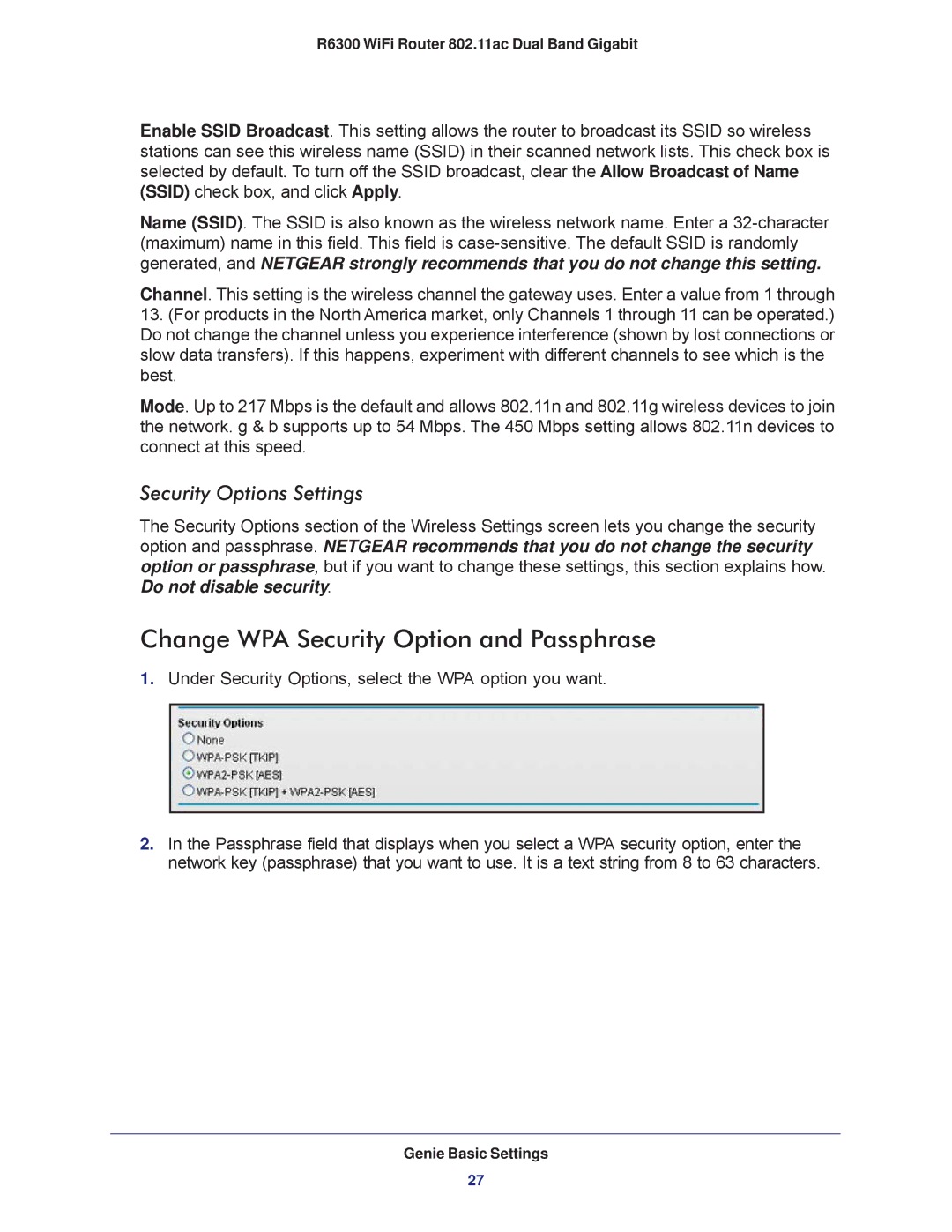 NETGEAR R6300-100NAS user manual Change WPA Security Option and Passphrase, Security Options Settings 