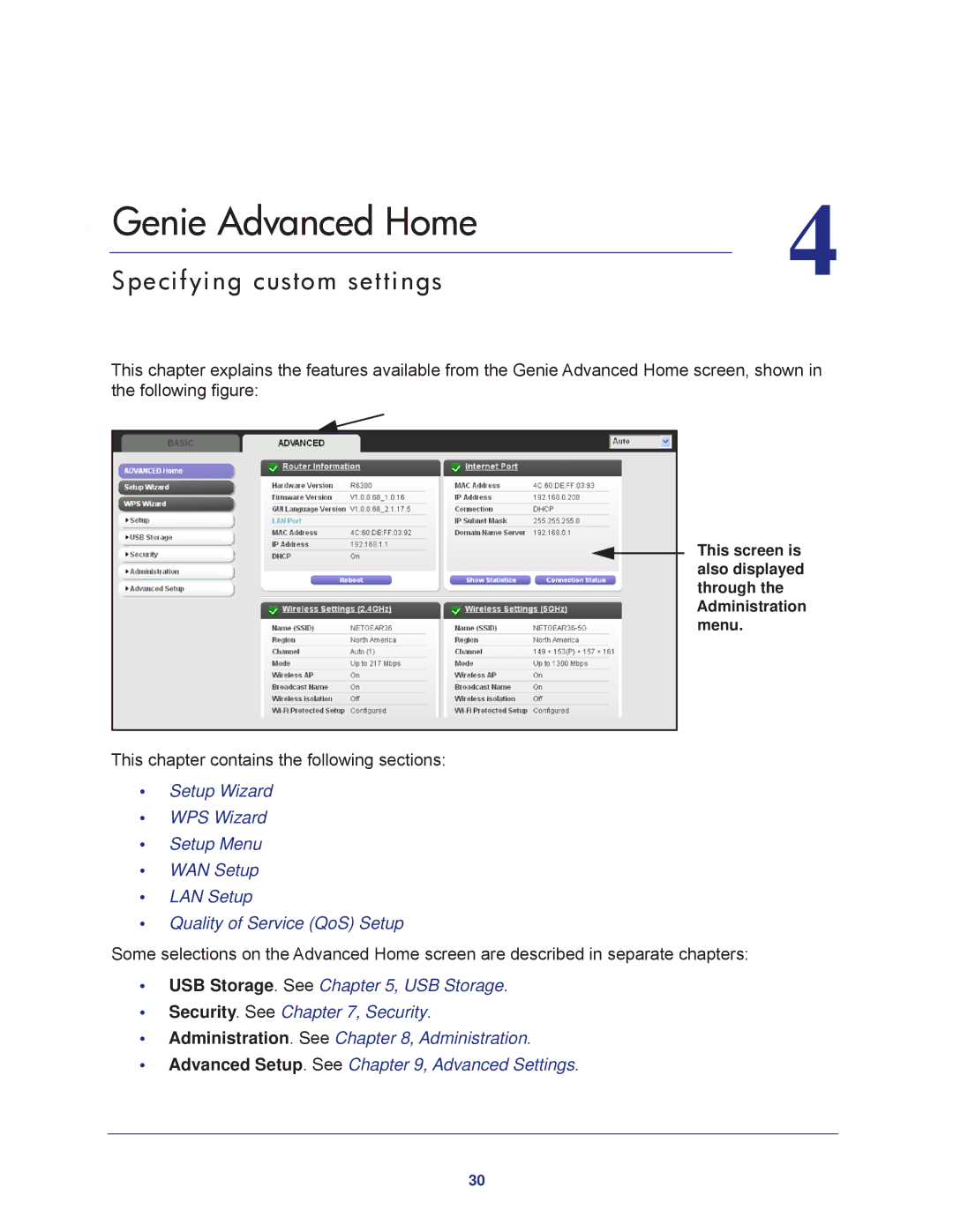 NETGEAR R6300-100NAS user manual Genie Advanced Home, Specifying custom settings 