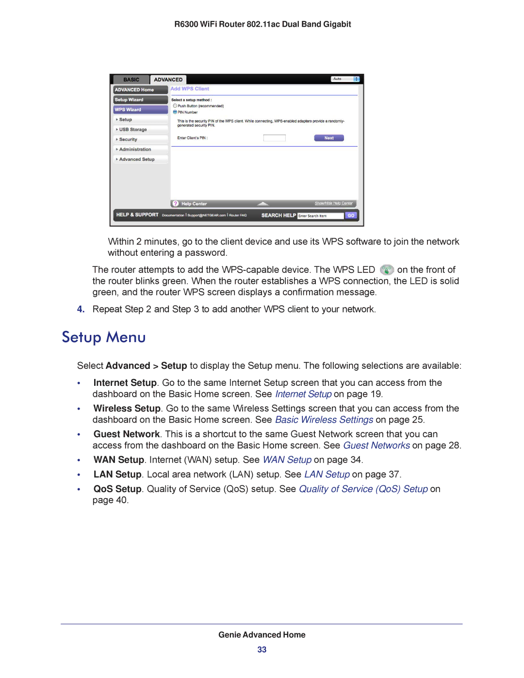 NETGEAR R6300-100NAS user manual Setup Menu 