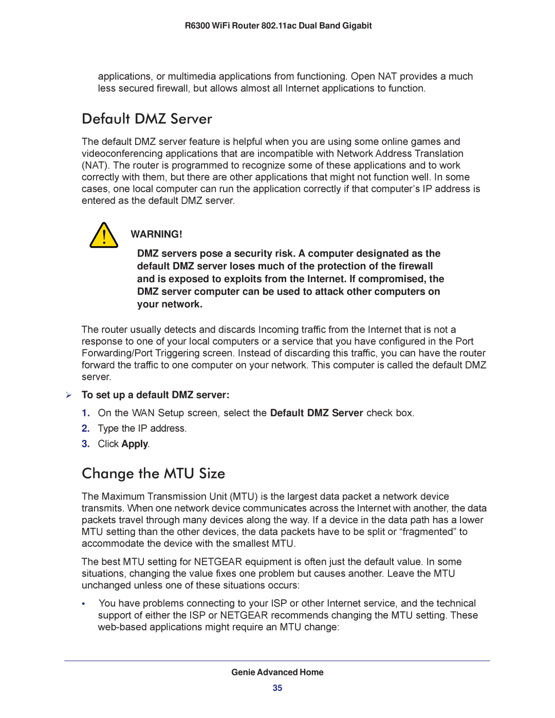 NETGEAR R6300-100NAS user manual Default DMZ Server, Change the MTU Size,  To set up a default DMZ server 