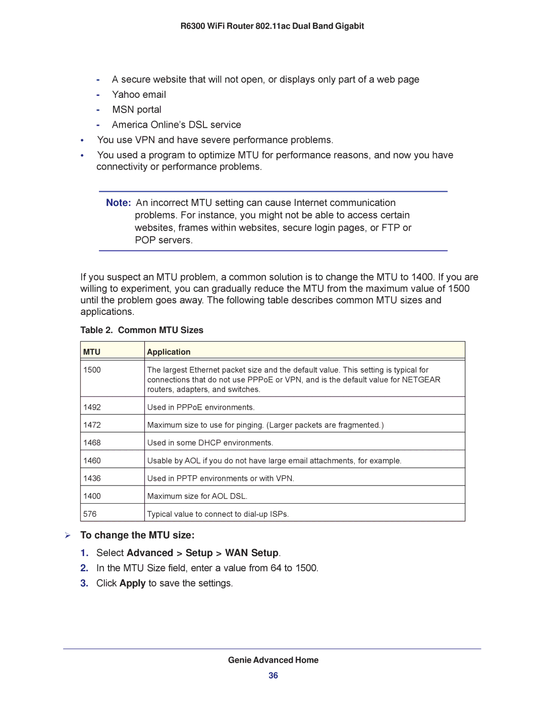 NETGEAR R6300-100NAS user manual  To change the MTU size Select Advanced Setup WAN Setup, Common MTU Sizes 