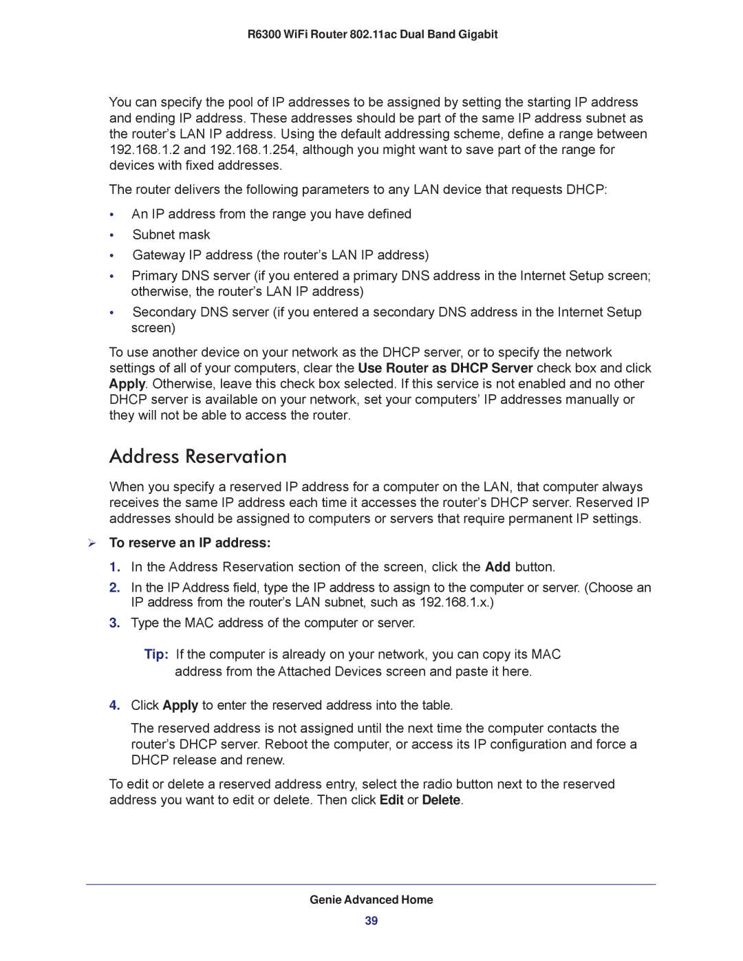 NETGEAR R6300-100NAS user manual Address Reservation,  To reserve an IP address 