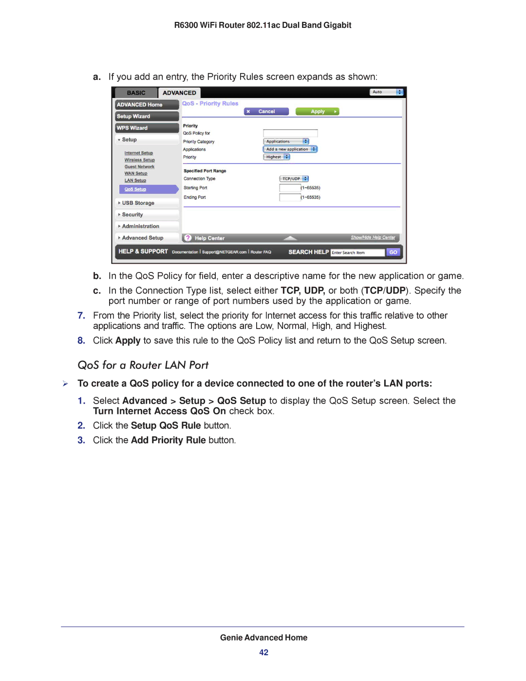 NETGEAR R6300-100NAS user manual QoS for a Router LAN Port, Click the Add Priority Rule button 