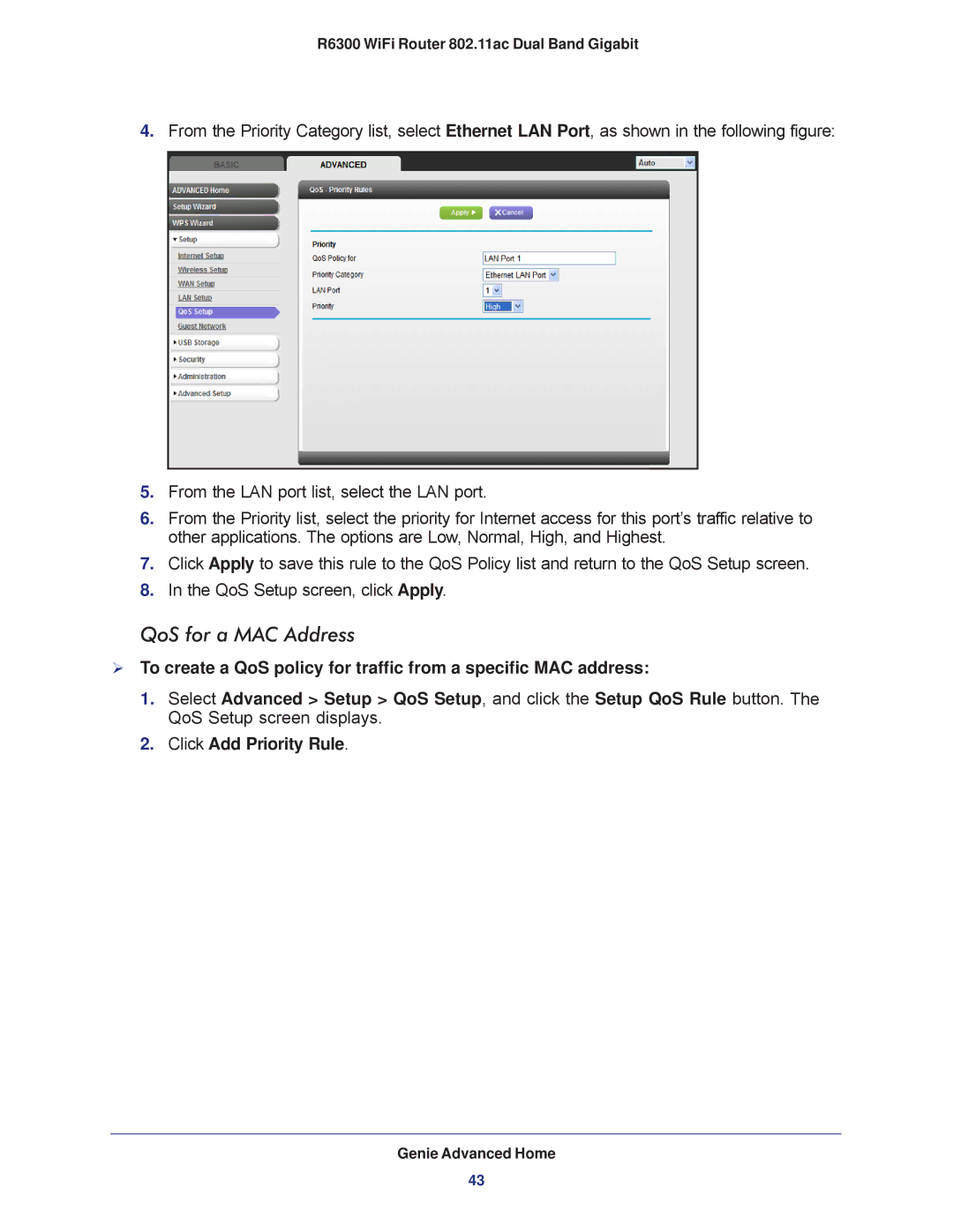 NETGEAR R6300-100NAS user manual QoS for a MAC Address, Click Add Priority Rule 