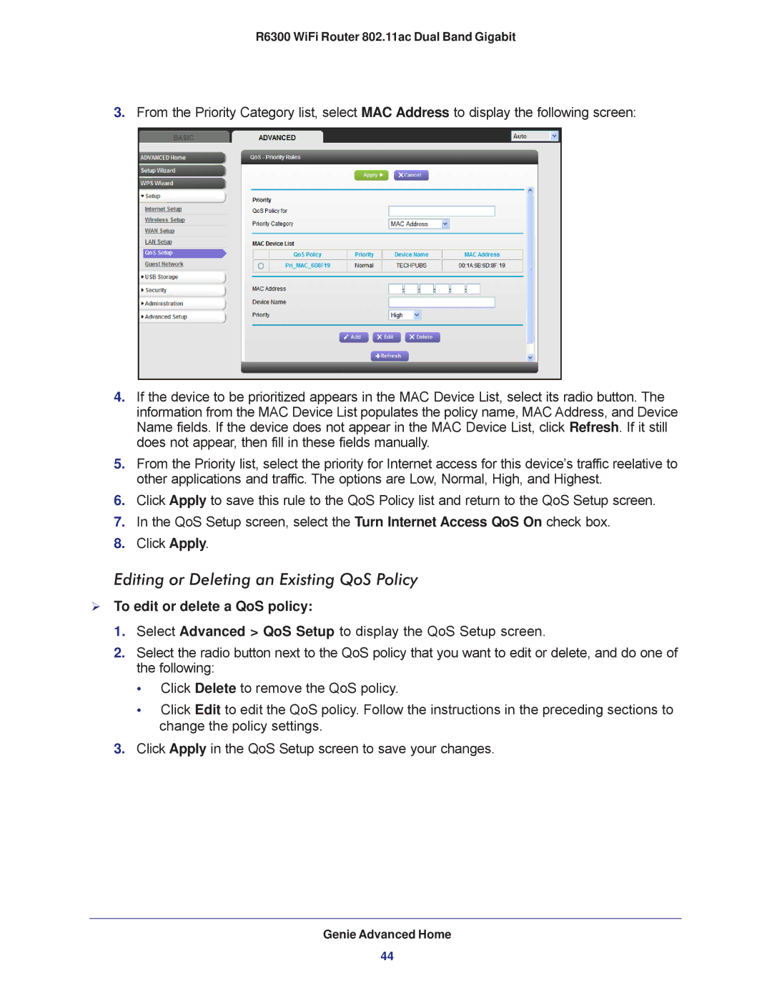 NETGEAR R6300-100NAS user manual Editing or Deleting an Existing QoS Policy,  To edit or delete a QoS policy 