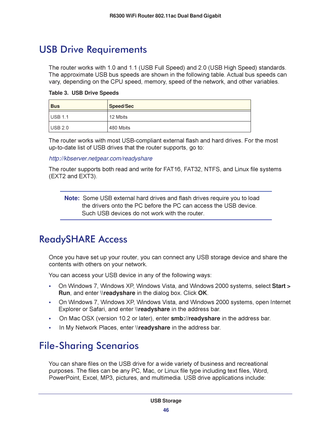 NETGEAR R6300-100NAS user manual USB Drive Requirements, ReadySHARE Access, File-Sharing Scenarios 