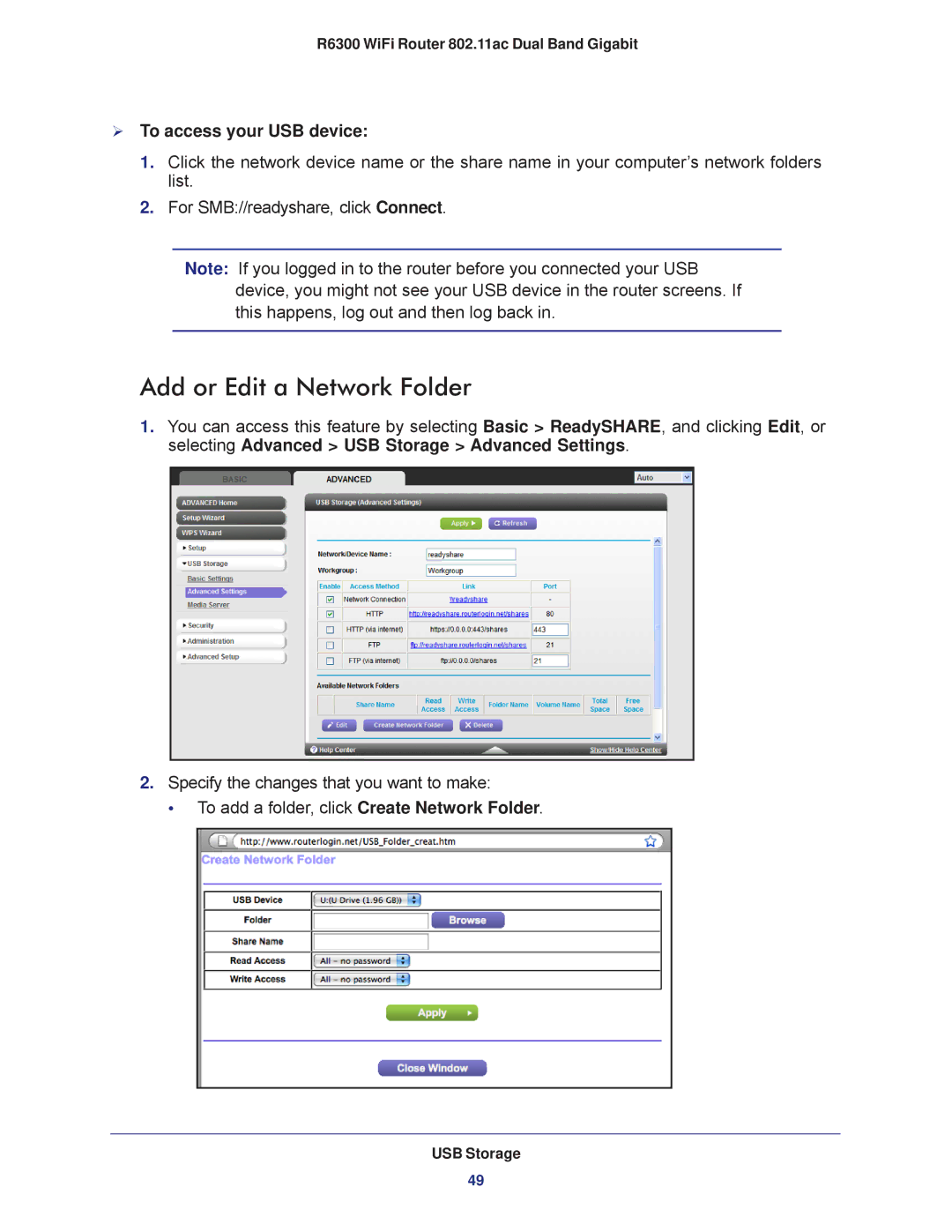 NETGEAR R6300-100NAS user manual Add or Edit a Network Folder,  To access your USB device 