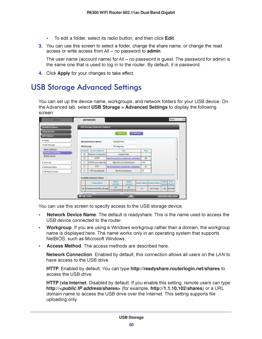 NETGEAR R6300-100NAS user manual USB Storage Advanced Settings 