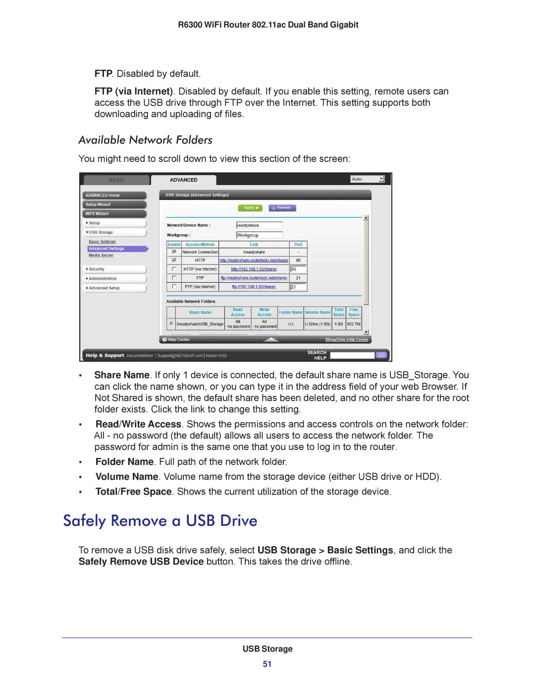 NETGEAR R6300-100NAS user manual Safely Remove a USB Drive, Available Network Folders 