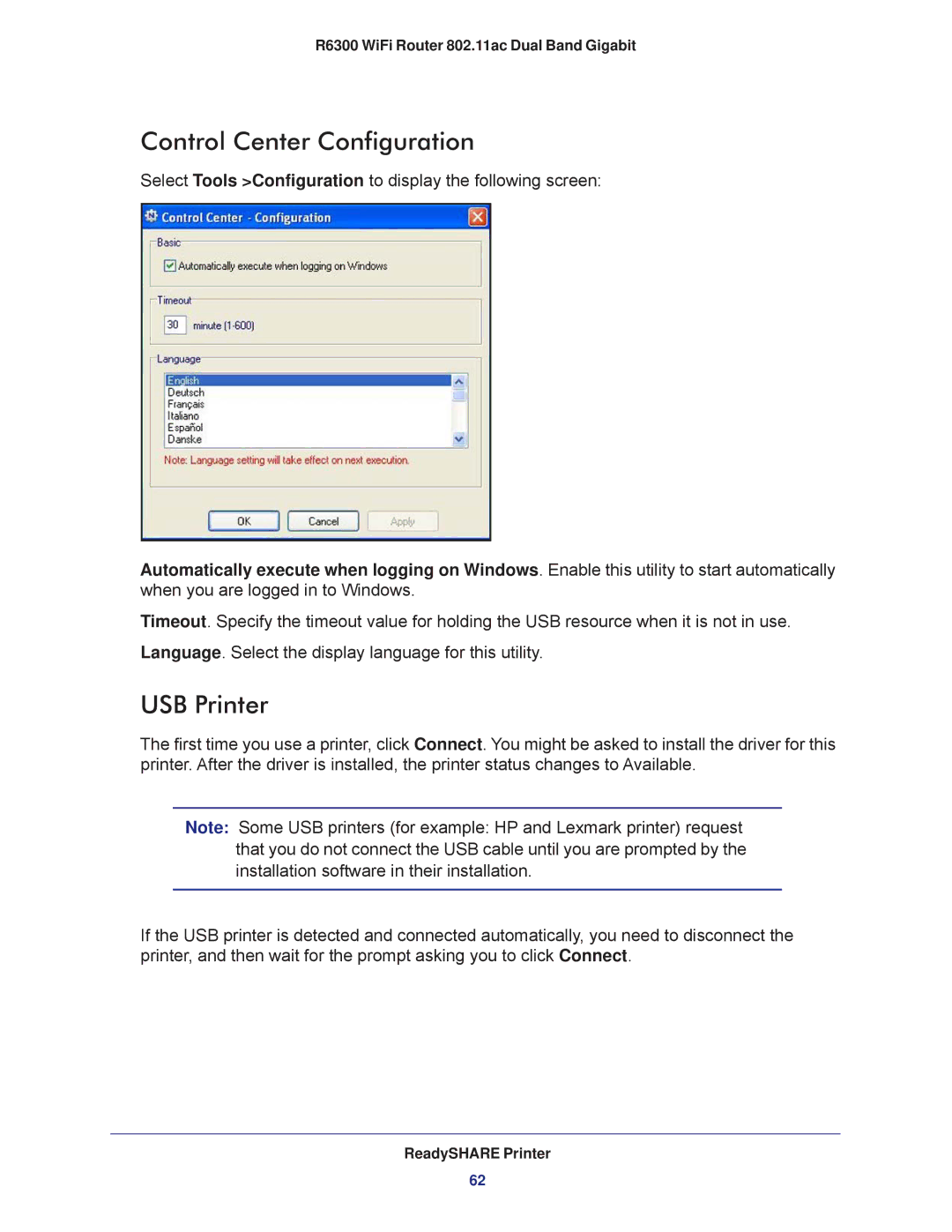 NETGEAR R6300-100NAS user manual Control Center Configuration, USB Printer 