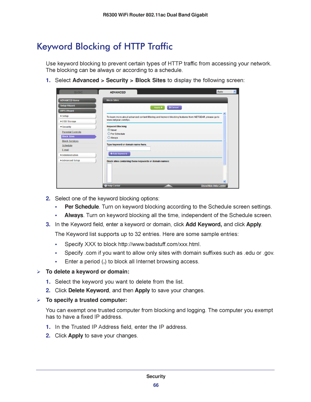 NETGEAR R6300-100NAS Keyword Blocking of Http Traffic,  To delete a keyword or domain,  To specify a trusted computer 