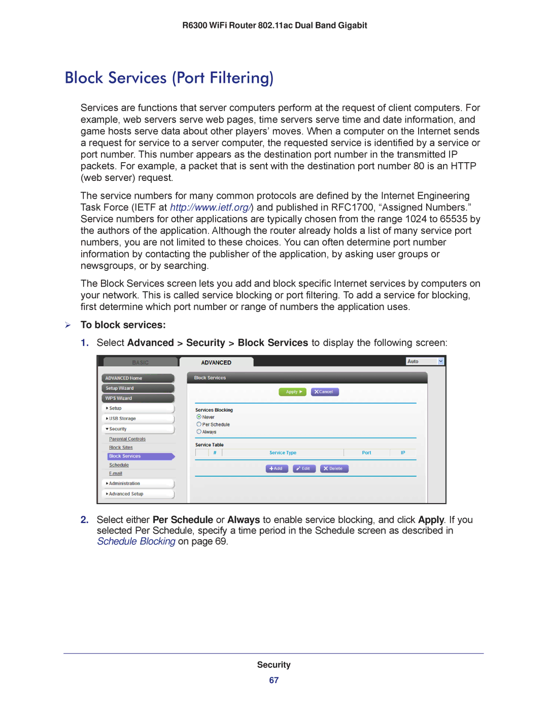 NETGEAR R6300-100NAS user manual Block Services Port Filtering,  To block services 